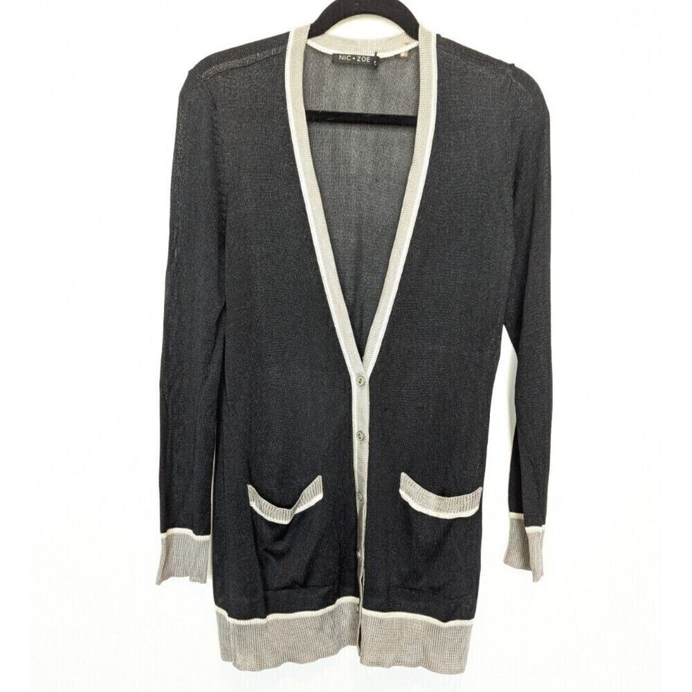 Nic+Zoe Women Longline Cardigan Size M Black Viscose Lightweight Sweater Teacher